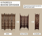 Urbane Crafts Handcrafted Wooden Room Divider & Living Room Partition | 4-Panel Solid Mango Wood & MDF Privacy Screen with Intricate Floral Vine Carvings | Classic Antique Walnut Finish