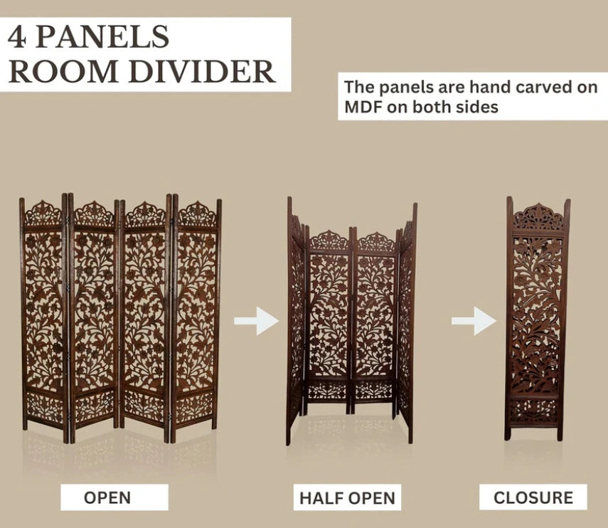 Urbane Crafts Handcrafted Wooden Room Divider & Living Room Partition | 4-Panel Solid Mango Wood & MDF Privacy Screen with Intricate Floral Vine Carvings | Classic Antique Walnut Finish