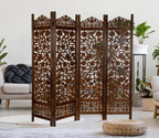 Urbane Crafts Handcrafted Wooden Room Divider & Living Room Partition | 4-Panel Solid Mango Wood & MDF Privacy Screen with Intricate Floral Vine Carvings | Classic Antique Walnut Finish