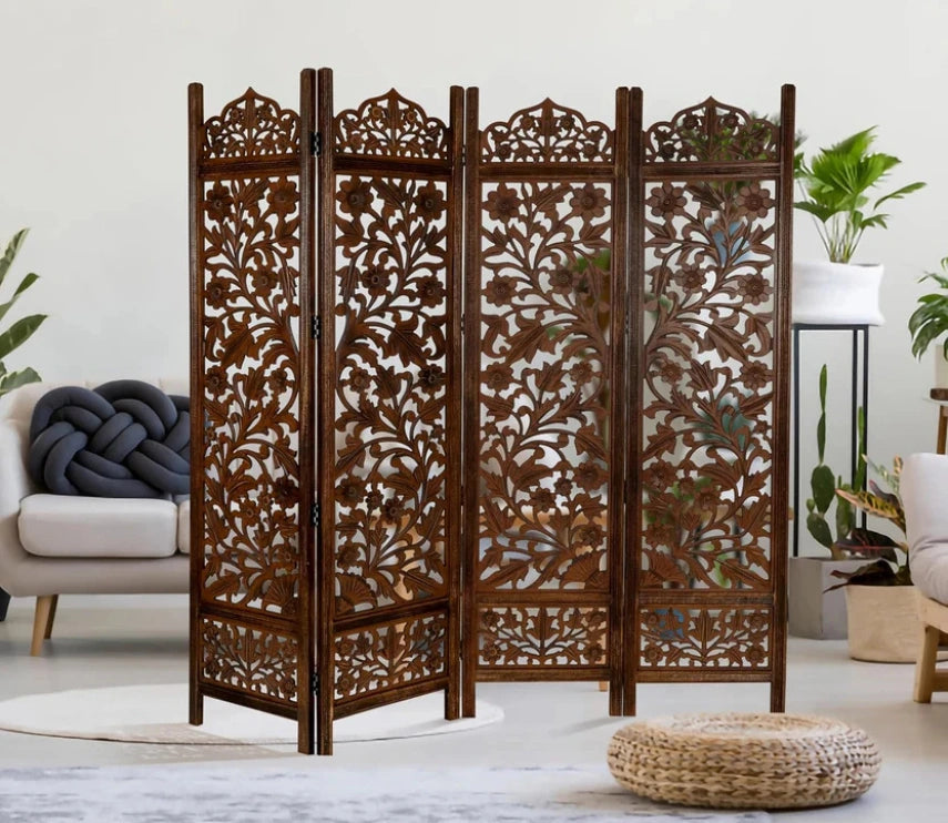 Urbane Crafts Handcrafted Wooden Room Divider & Living Room Partition | 4-Panel Solid Mango Wood & MDF Privacy Screen with Intricate Floral Vine Carvings | Classic Antique Walnut Finish