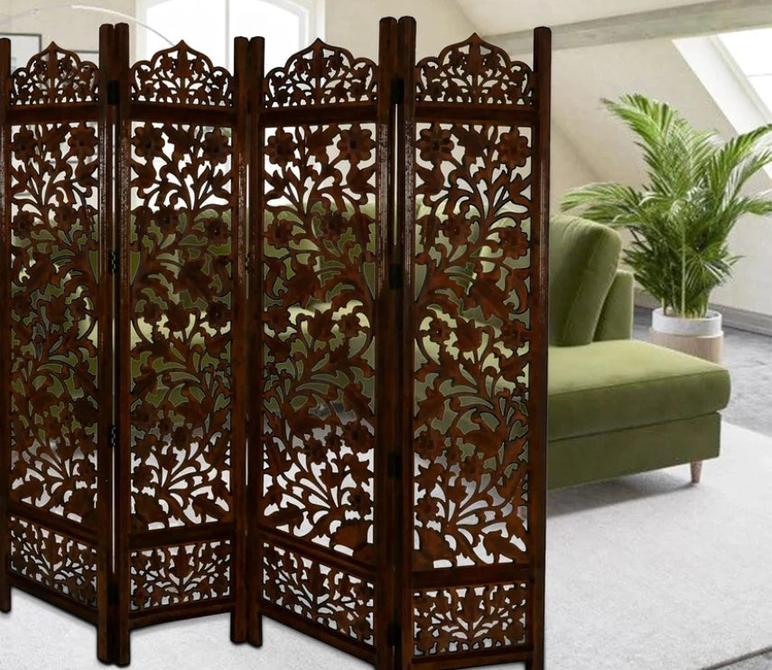 Urbane Crafts Handcrafted Wooden Room Divider & Living Room Partition | 4-Panel Solid Mango Wood & MDF Privacy Screen with Intricate Floral Vine Carvings | Classic Antique Walnut Finish