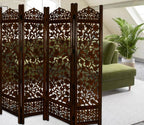 Urbane Crafts Handcrafted Wooden Room Divider & Living Room Partition | 4-Panel Solid Mango Wood & MDF Privacy Screen with Intricate Floral Vine Carvings | Classic Antique Walnut Finish