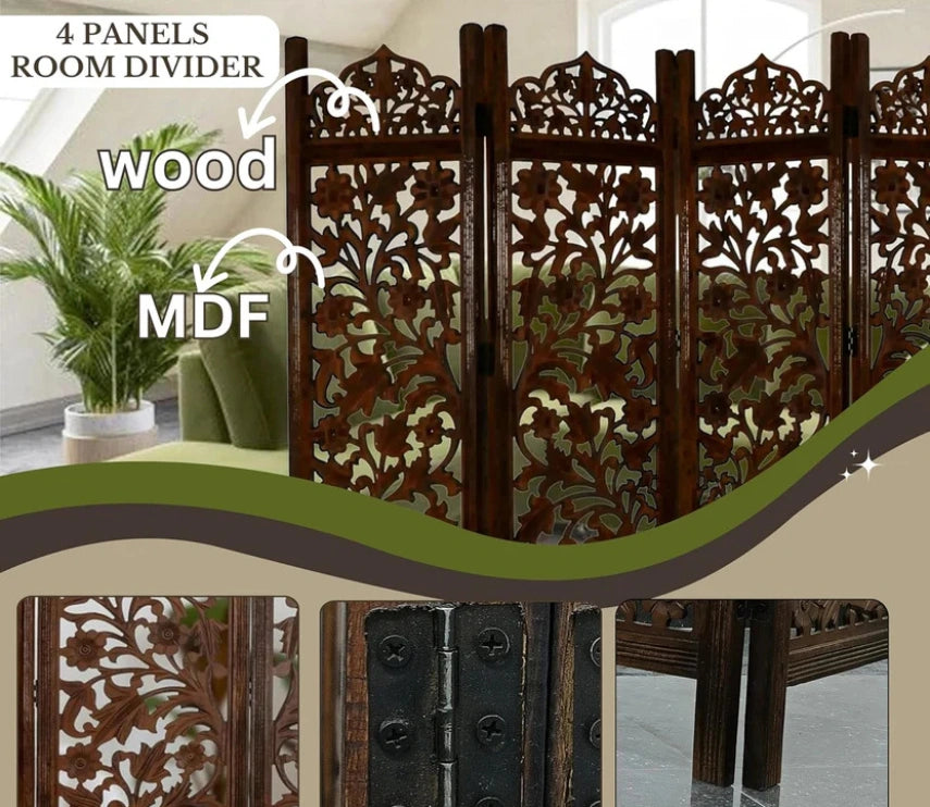 Urbane Crafts Handcrafted Wooden Room Divider & Living Room Partition | 4-Panel Solid Mango Wood & MDF Privacy Screen with Intricate Floral Vine Carvings | Classic Antique Walnut Finish