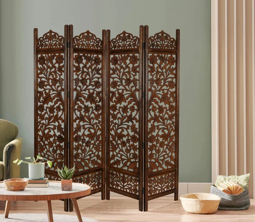 Urbane Crafts Handcrafted Wooden Room Divider & Living Room Partition | 4-Panel Solid Mango Wood & MDF Privacy Screen with Intricate Floral Vine Carvings | Classic Antique Walnut Finish