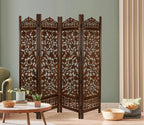 Urbane Crafts Handcrafted Wooden Room Divider & Living Room Partition | 4-Panel Solid Mango Wood & MDF Privacy Screen with Intricate Floral Vine Carvings | Classic Antique Walnut Finish
