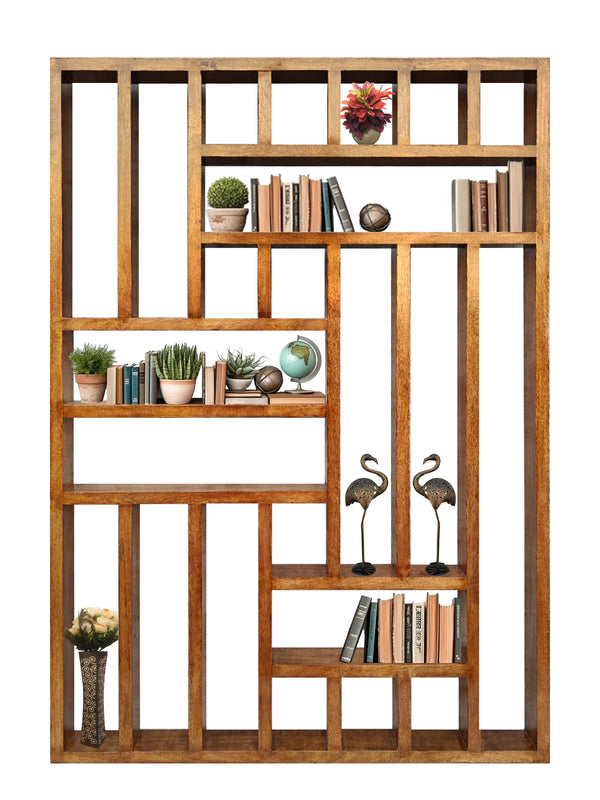 Handcrafted Solid Mango Wood Room Divider & Multi-Tier Display Bookshelf