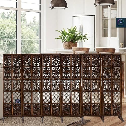 Wooden Room Partition/Screen/Room Divider/Room Separator Burnt Wood Finish (Hand Buffing) Frame Traditional Handicrafts 6Ft Height (6 Panel with Stands)