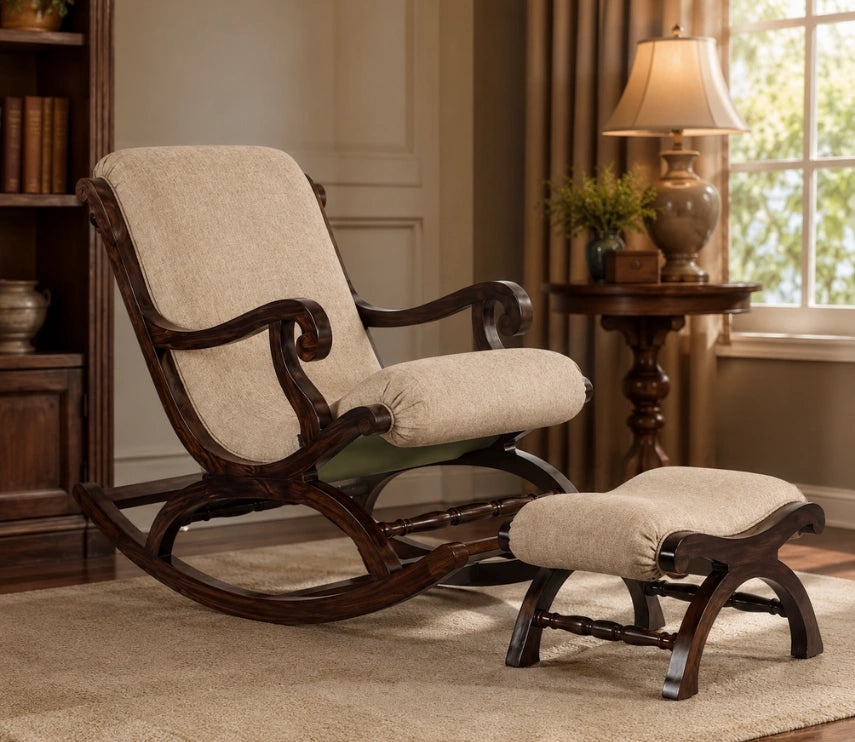 Handcrafted Solid Rosewood Upholstered Rocking Chair with Footrest | Luxury Wooden Recliner Rocker