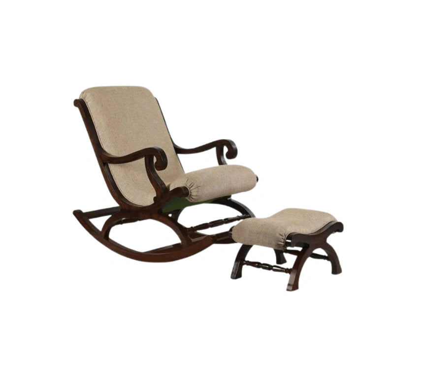 Handcrafted Solid Rosewood Upholstered Rocking Chair with Footrest | Luxury Wooden Recliner Rocker