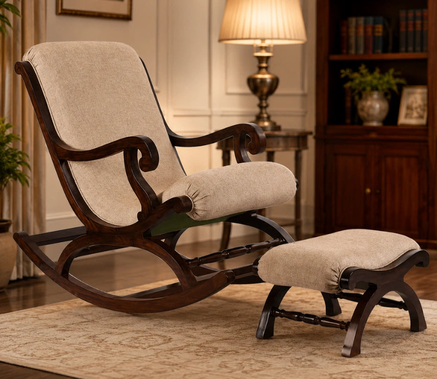 Handcrafted Solid Rosewood Upholstered Rocking Chair with Footrest | Luxury Wooden Recliner Rocker