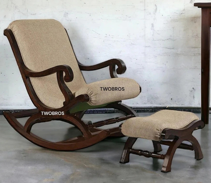 Handcrafted Solid Rosewood Upholstered Rocking Chair with Footrest | Luxury Wooden Recliner Rocker