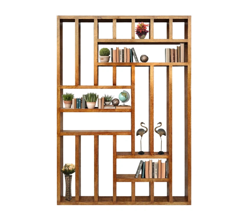 Handcrafted Solid Mango Wood Room Divider & Multi-Tier Display Bookshelf