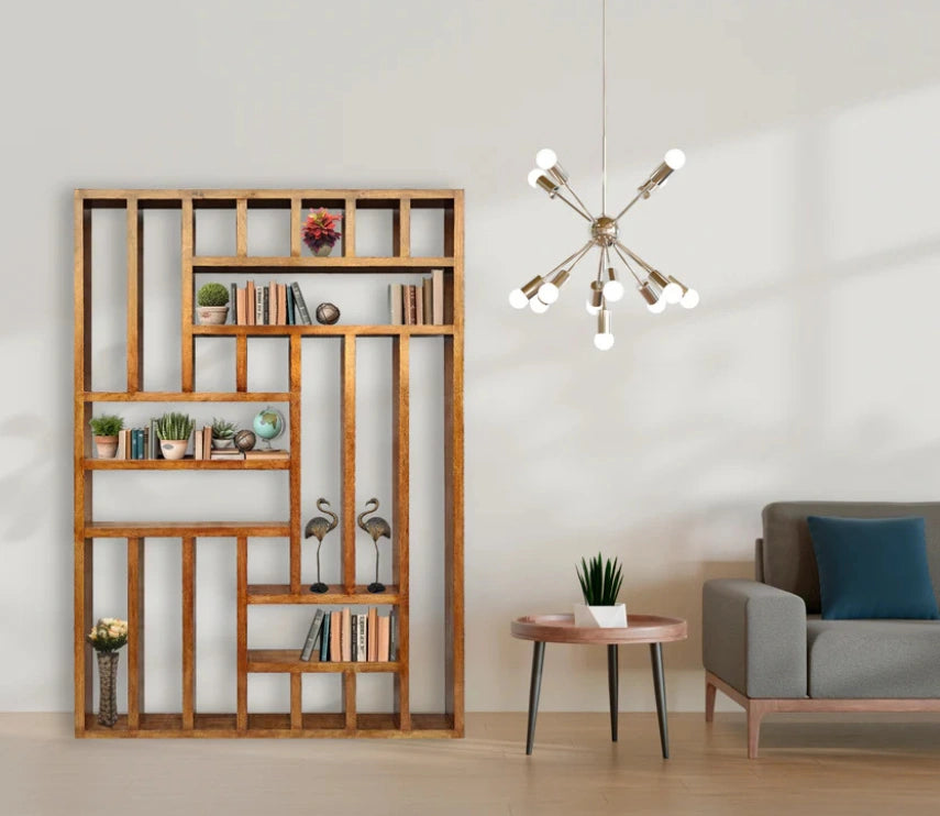 Handcrafted Solid Mango Wood Room Divider & Multi-Tier Display Bookshelf