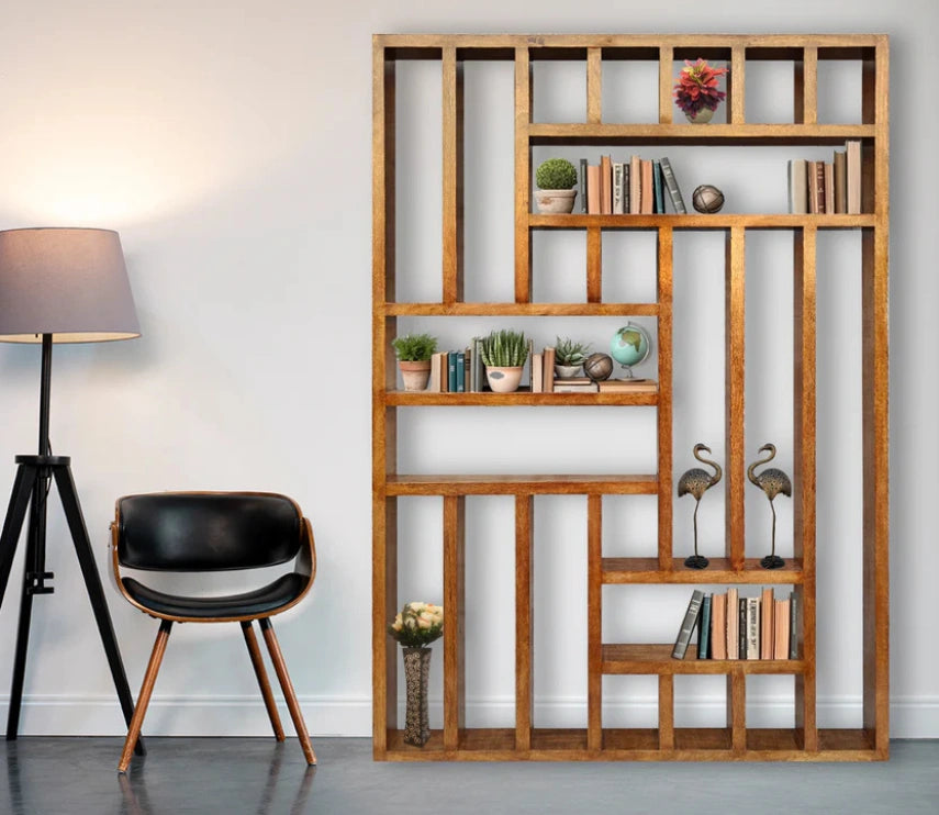 Handcrafted Solid Mango Wood Room Divider & Multi-Tier Display Bookshelf