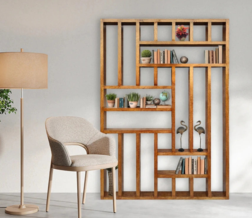 Handcrafted Solid Mango Wood Room Divider & Multi-Tier Display Bookshelf