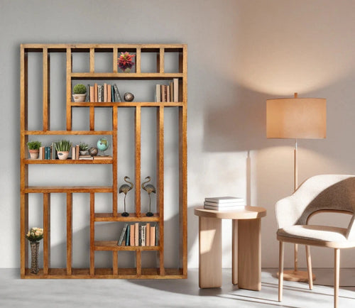 Handcrafted Solid Mango Wood Room Divider & Multi-Tier Display Bookshelf