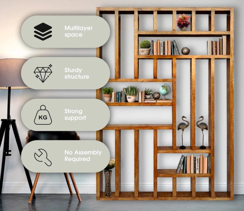 Handcrafted Solid Mango Wood Room Divider & Multi-Tier Display Bookshelf