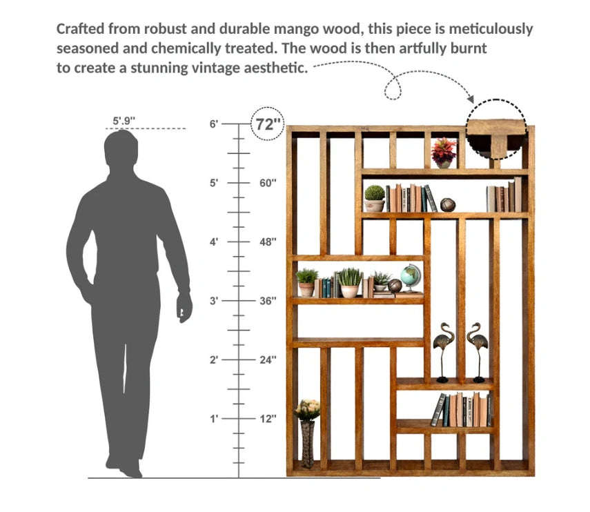 Handcrafted Solid Mango Wood Room Divider & Multi-Tier Display Bookshelf
