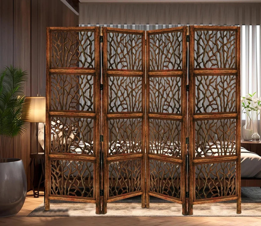 Urbane Crafts Handcrafted Wooden Room Divider & Living Room Partition | 4-Panel Solid Mango Wood & MDF Privacy Screen with Modern Tree Branch Cutouts | Natural Warm Brown Finish