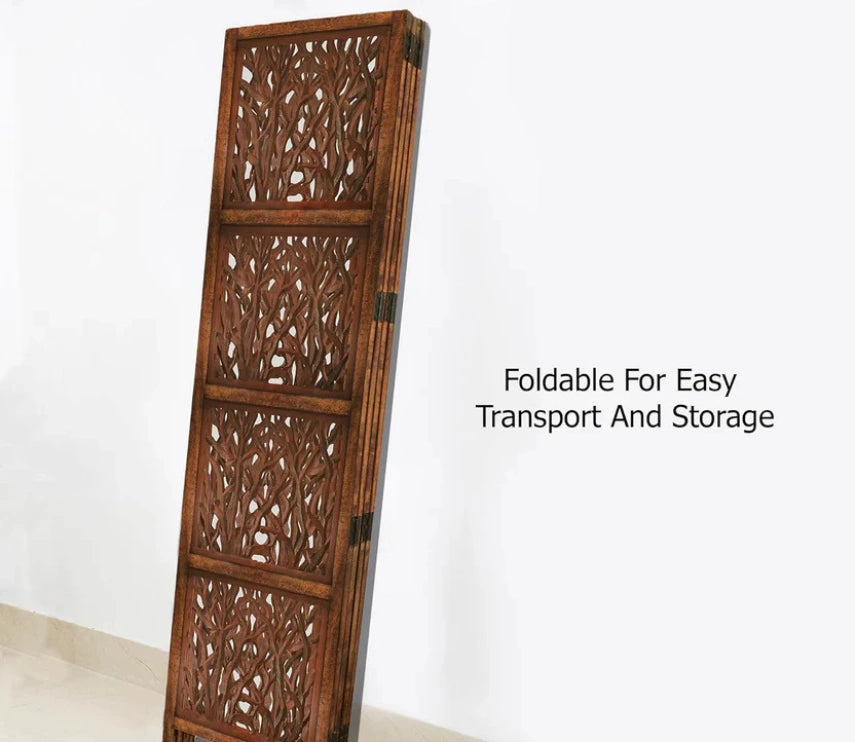 Urbane Crafts Handcrafted Wooden Room Divider & Living Room Partition | 4-Panel Solid Mango Wood & MDF Privacy Screen with Modern Tree Branch Cutouts | Natural Warm Brown Finish
