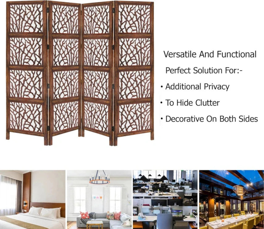 Urbane Crafts Handcrafted Wooden Room Divider & Living Room Partition | 4-Panel Solid Mango Wood & MDF Privacy Screen with Modern Tree Branch Cutouts | Natural Warm Brown Finish