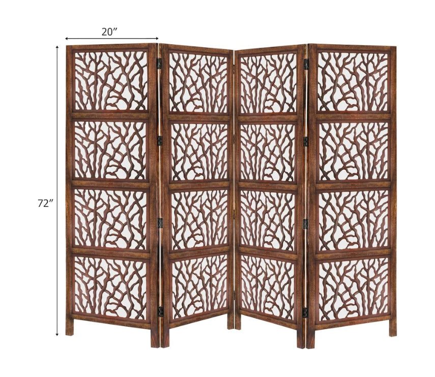 Urbane Crafts Handcrafted Wooden Room Divider & Living Room Partition | 4-Panel Solid Mango Wood & MDF Privacy Screen with Modern Tree Branch Cutouts | Natural Warm Brown Finish