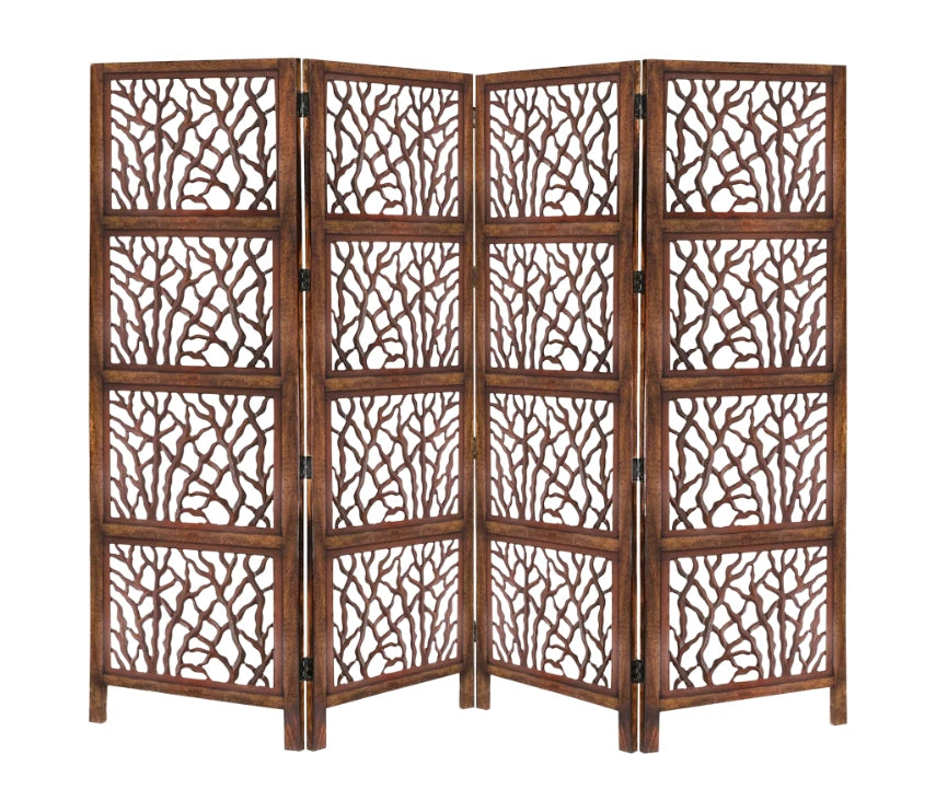 Urbane Crafts Handcrafted Wooden Room Divider & Living Room Partition | 4-Panel Solid Mango Wood & MDF Privacy Screen with Modern Tree Branch Cutouts | Natural Warm Brown Finish