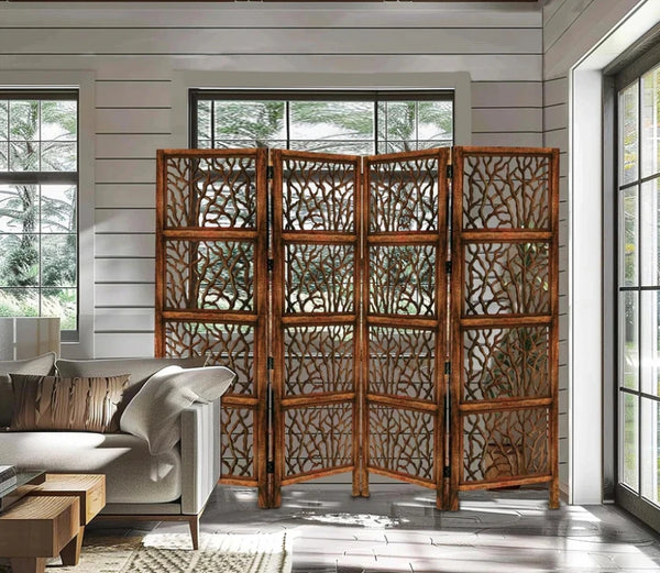 Urbane Crafts Handcrafted Wooden Room Divider & Living Room Partition | 4-Panel Solid Mango Wood & MDF Privacy Screen with Modern Tree Branch Cutouts | Natural Warm Brown Finish