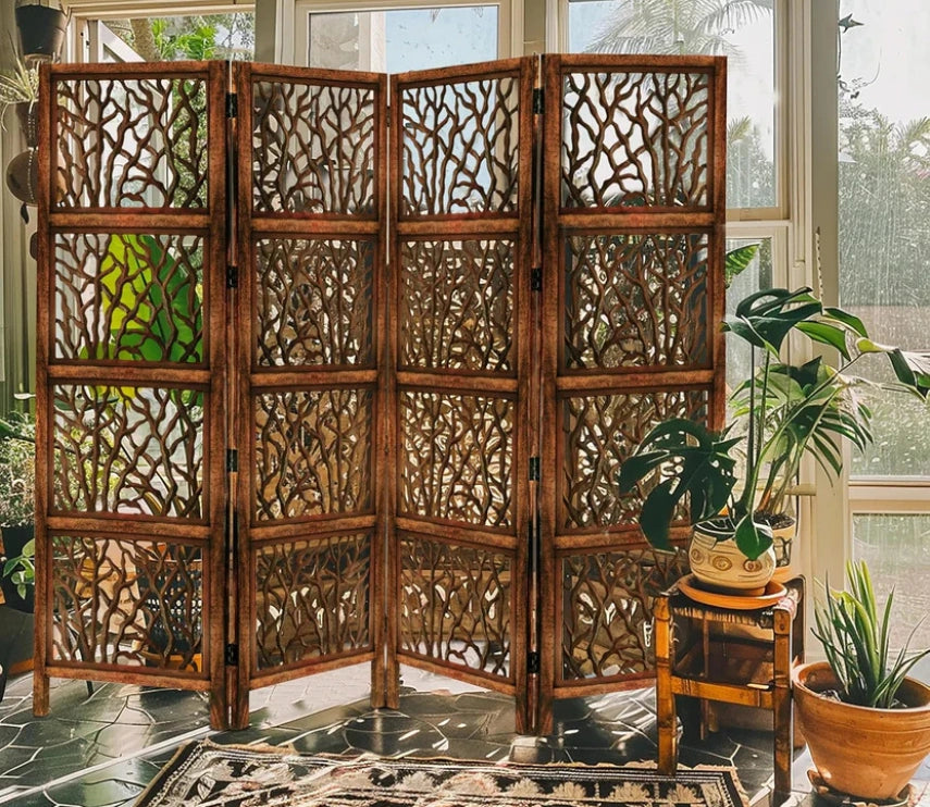 Urbane Crafts Handcrafted Wooden Room Divider & Living Room Partition | 4-Panel Solid Mango Wood & MDF Privacy Screen with Modern Tree Branch Cutouts | Natural Warm Brown Finish