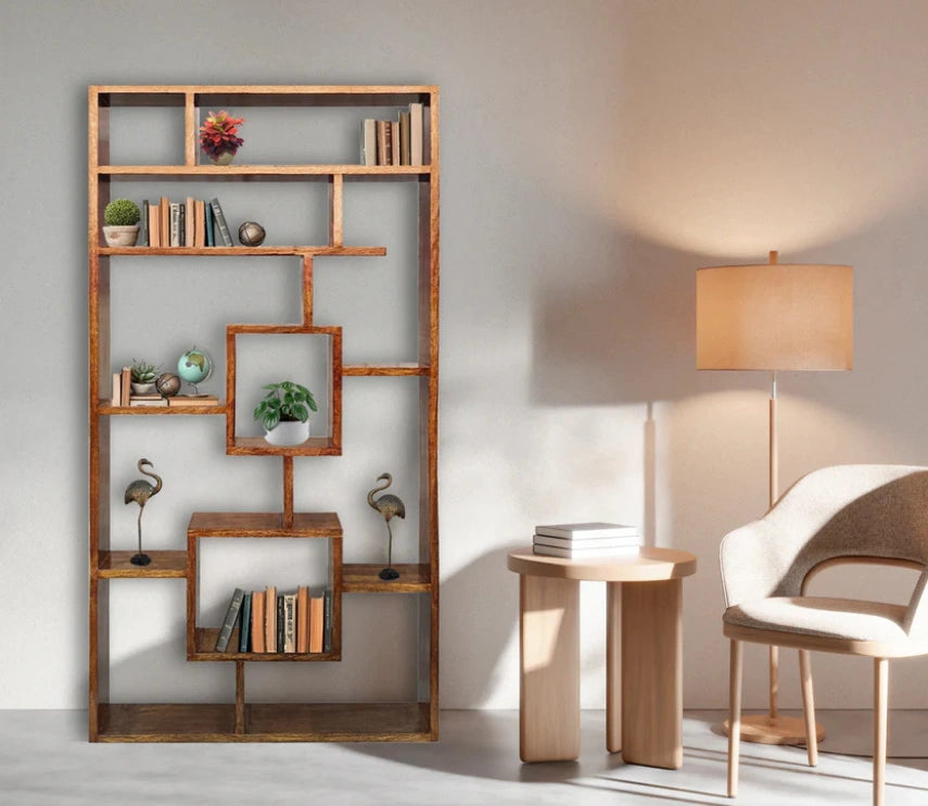 Urbane Crafts Handcrafted Solid Mango Wood Room Divider & Multi-Tier Display Bookshelf