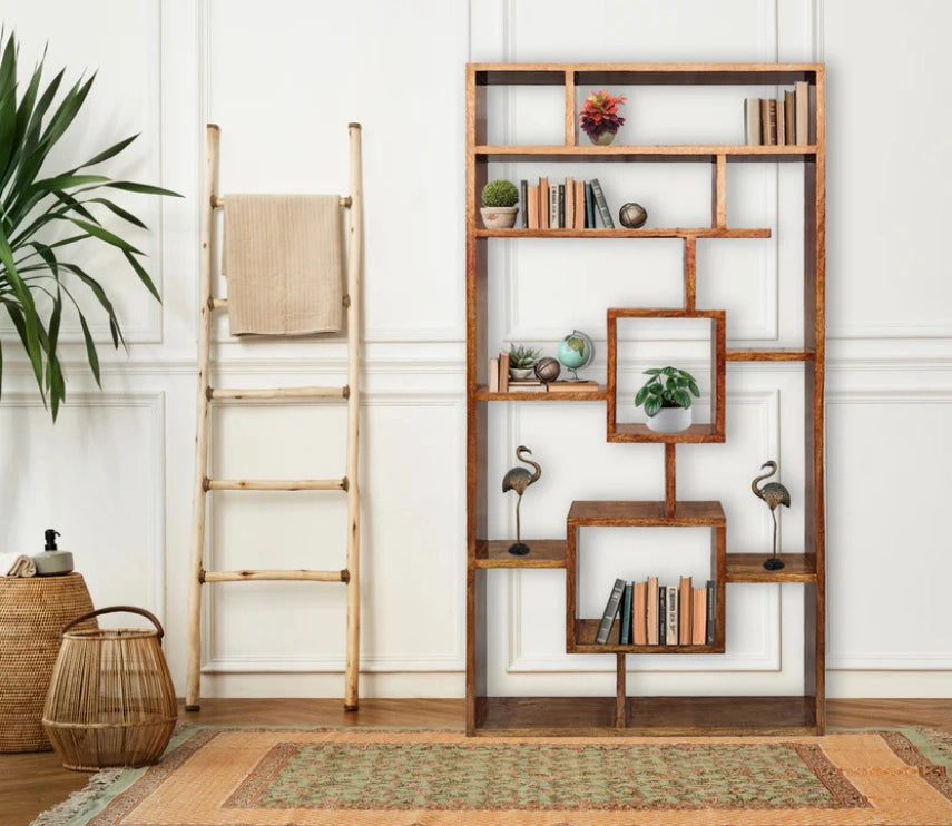 Urbane Crafts Handcrafted Solid Mango Wood Room Divider & Multi-Tier Display Bookshelf