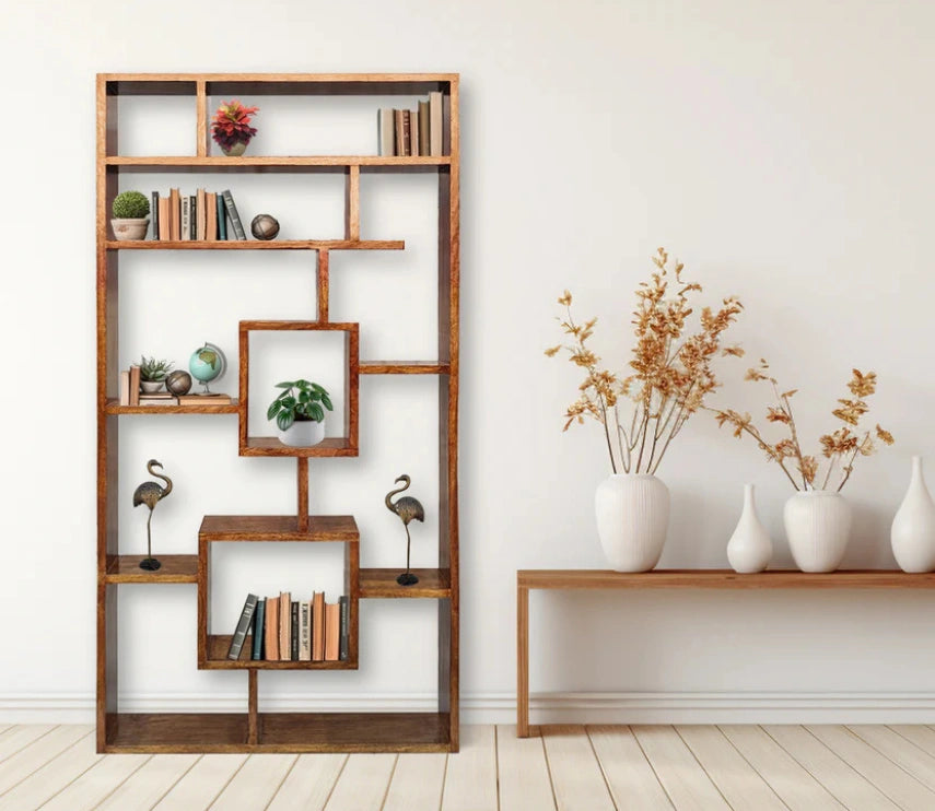 Urbane Crafts Handcrafted Solid Mango Wood Room Divider & Multi-Tier Display Bookshelf