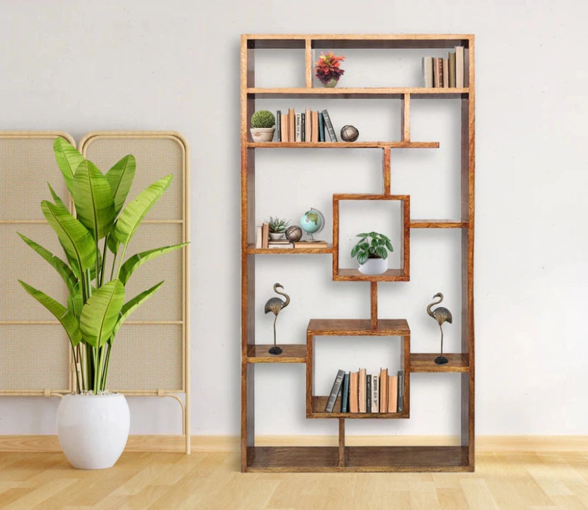 Urbane Crafts Handcrafted Solid Mango Wood Room Divider & Multi-Tier Display Bookshelf