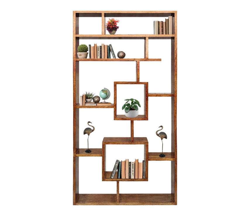 Urbane Crafts Handcrafted Solid Mango Wood Room Divider & Multi-Tier Display Bookshelf