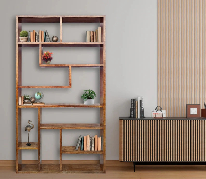Urbane Crafts Handcrafted Solid Mango Wood Room Divider & Multi-Tier Display Bookshelf