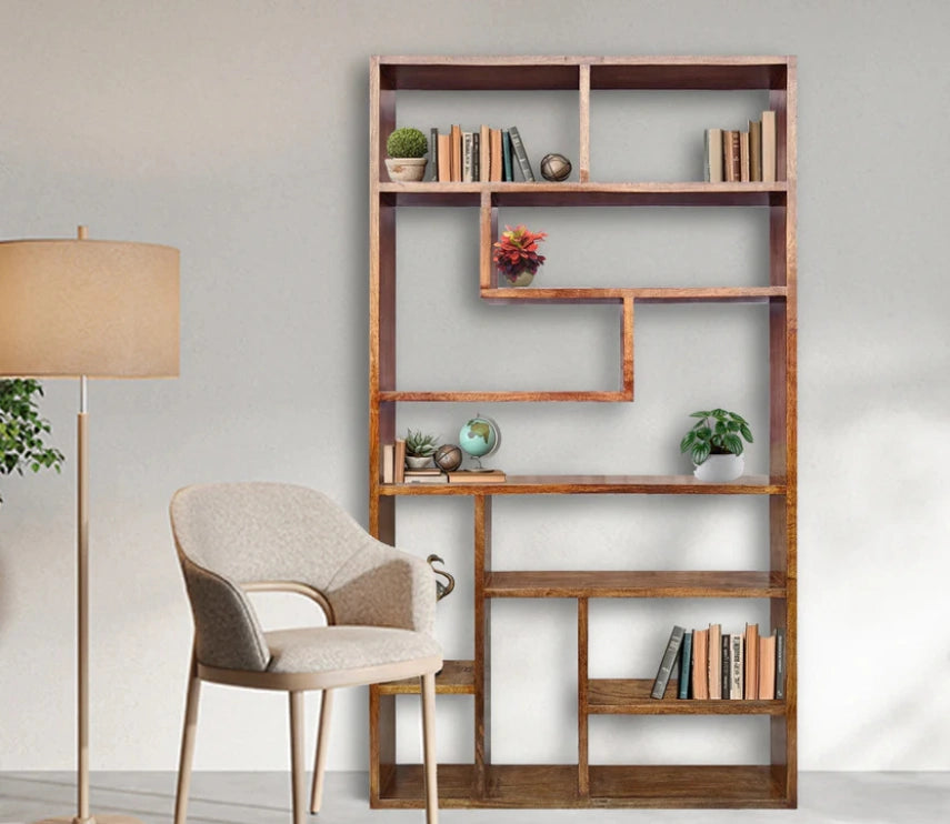 Urbane Crafts Handcrafted Solid Mango Wood Room Divider & Multi-Tier Display Bookshelf