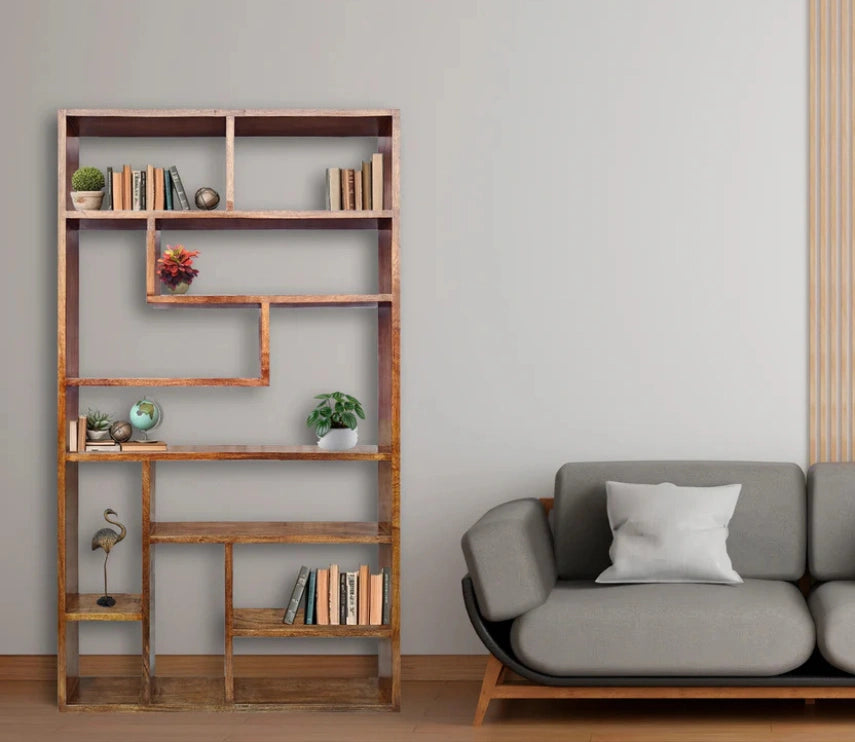 Urbane Crafts Handcrafted Solid Mango Wood Room Divider & Multi-Tier Display Bookshelf