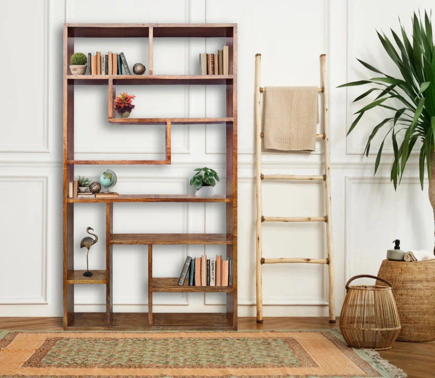 Urbane Crafts Handcrafted Solid Mango Wood Room Divider & Multi-Tier Display Bookshelf