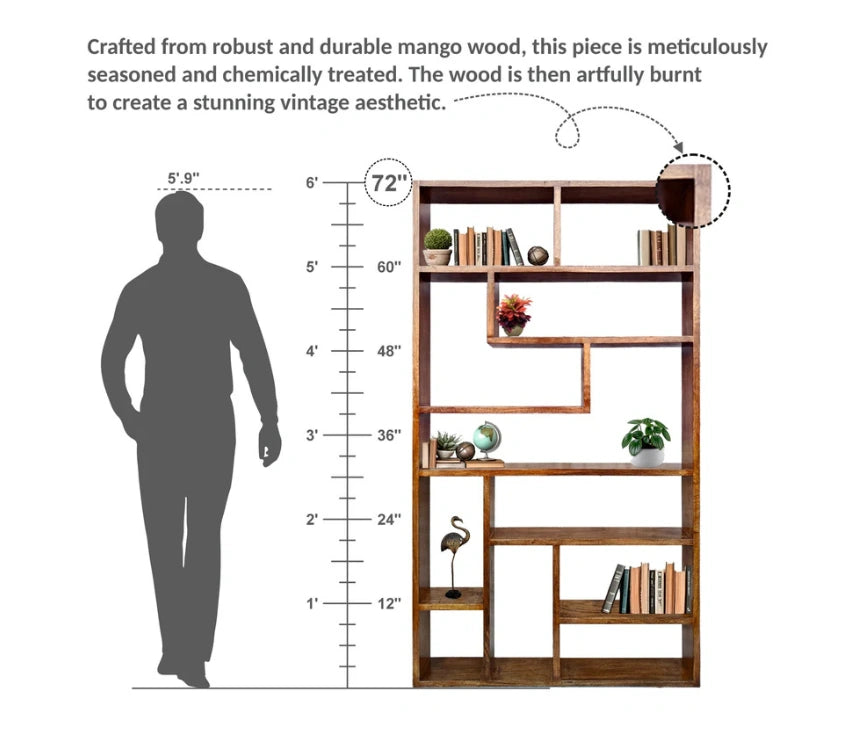 Urbane Crafts Handcrafted Solid Mango Wood Room Divider & Multi-Tier Display Bookshelf