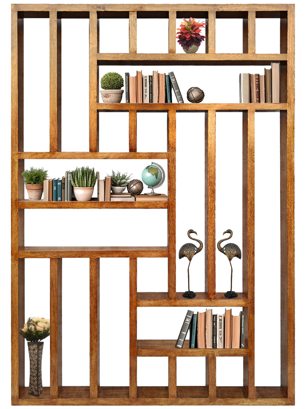 Handcrafted Solid Mango Wood Room Divider & Multi-Tier Display Bookshelf