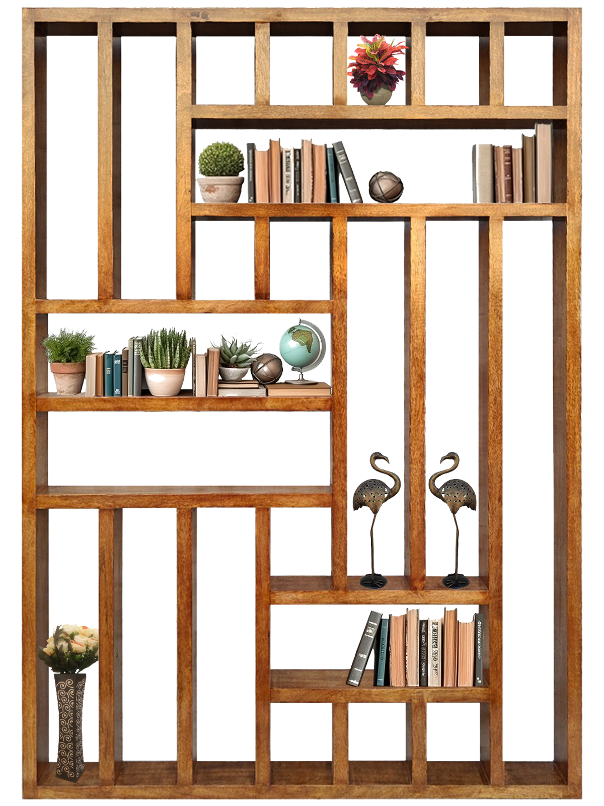 Handcrafted Solid Mango Wood Room Divider & Multi-Tier Display Bookshelf