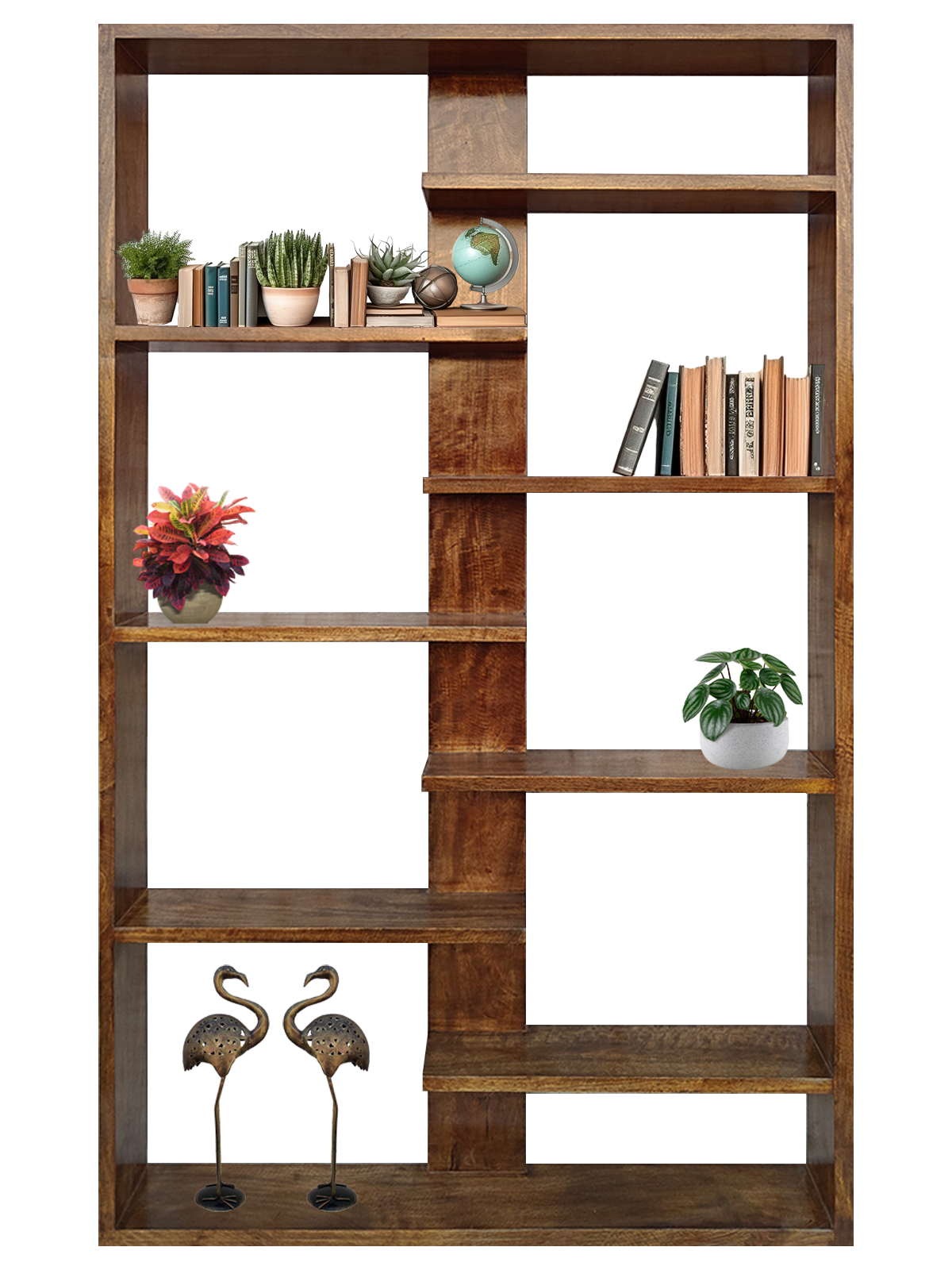 Handcrafted Solid Mango Wood Room Divider & Multi-Tier Display Bookshelf