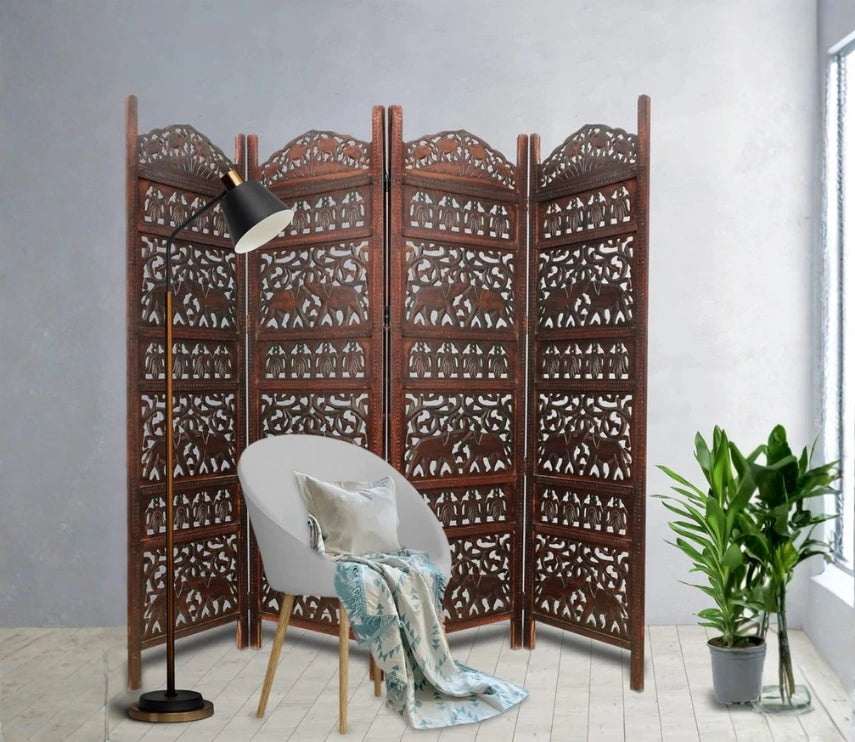 Handcrafted Wooden Room Divider & Living Room Partition | 4-Panel Solid Mango Wood & MDF Privacy Screen with Intricate Elephant Carvings | Rich Antique Walnut Finish