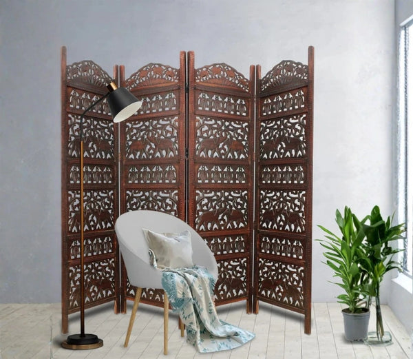 Handcrafted Wooden Room Divider & Living Room Partition | 4-Panel Solid Mango Wood & MDF Privacy Screen with Intricate Elephant Carvings | Rich Antique Walnut Finish