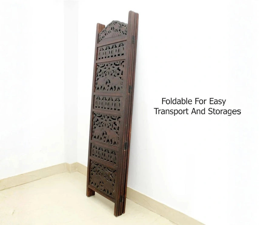 Handcrafted Wooden Room Divider & Living Room Partition | 4-Panel Solid Mango Wood & MDF Privacy Screen with Intricate Elephant Carvings | Rich Antique Walnut Finish