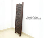 Handcrafted Wooden Room Divider & Living Room Partition | 4-Panel Solid Mango Wood & MDF Privacy Screen with Intricate Elephant Carvings | Rich Antique Walnut Finish