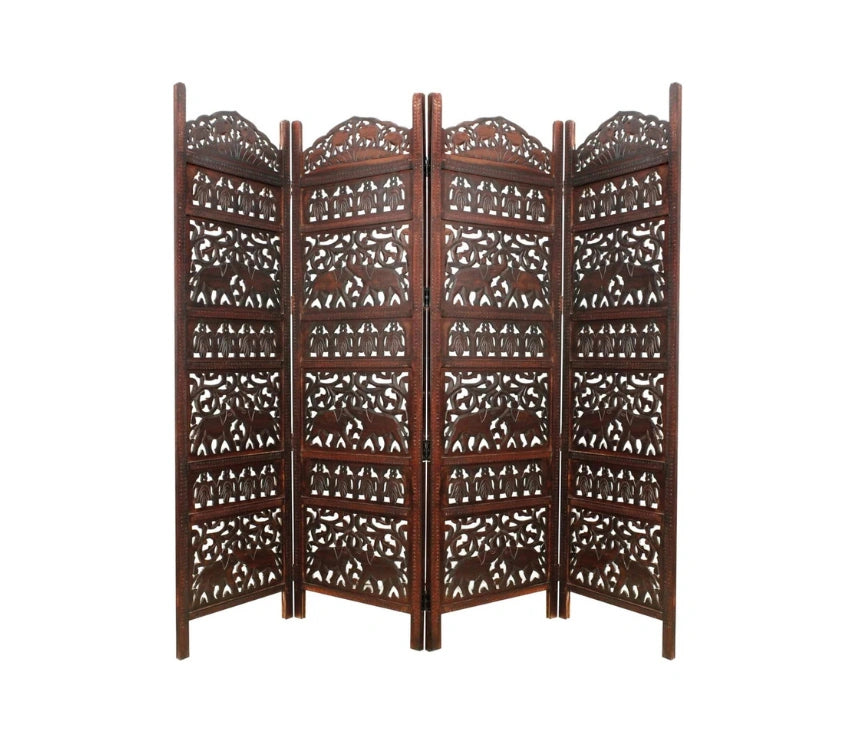 Handcrafted Wooden Room Divider & Living Room Partition | 4-Panel Solid Mango Wood & MDF Privacy Screen with Intricate Elephant Carvings | Rich Antique Walnut Finish