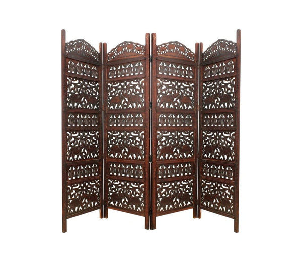 Handcrafted Wooden Room Divider & Living Room Partition | 4-Panel Solid Mango Wood & MDF Privacy Screen with Intricate Elephant Carvings | Rich Antique Walnut Finish
