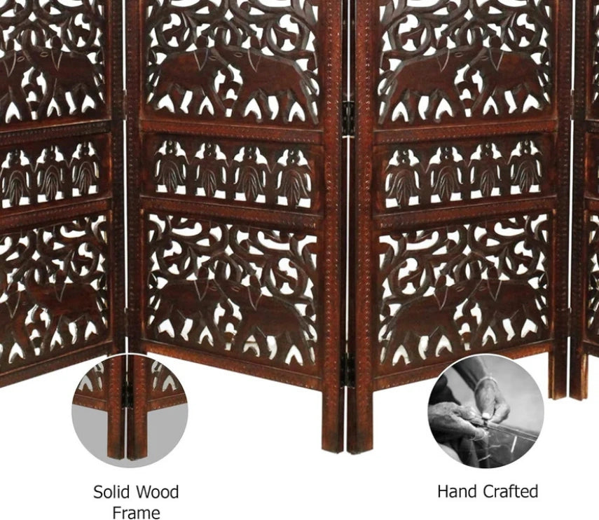 Handcrafted Wooden Room Divider & Living Room Partition | 4-Panel Solid Mango Wood & MDF Privacy Screen with Intricate Elephant Carvings | Rich Antique Walnut Finish
