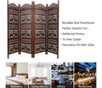 Handcrafted Wooden Room Divider & Living Room Partition | 4-Panel Solid Mango Wood & MDF Privacy Screen with Intricate Elephant Carvings | Rich Antique Walnut Finish